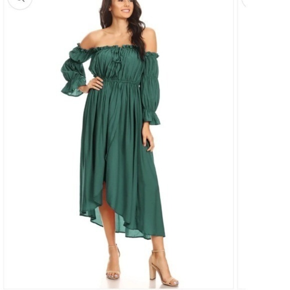 Anna-Kaci Off Shoulder Smocked Maxi Dress L Green YBA0095GRN